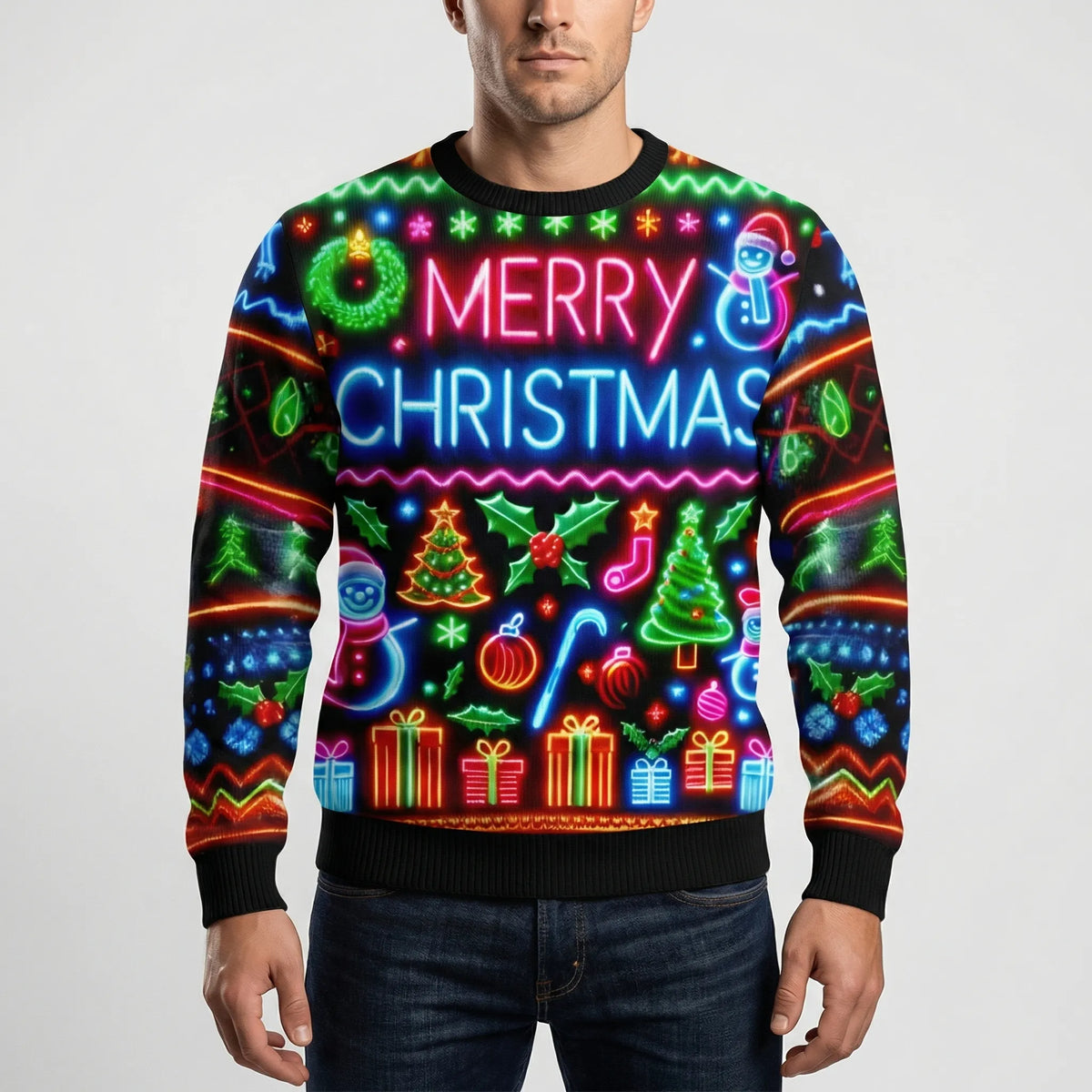 ネオングラフィッククリスマスクルーネックセーター(メンズ用)