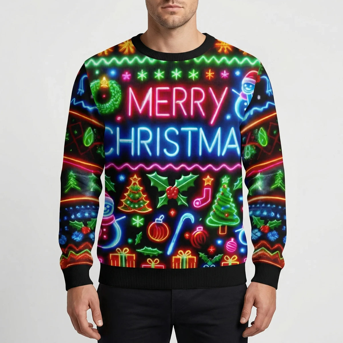 ネオングラフィッククリスマスクルーネックセーター(メンズ用)