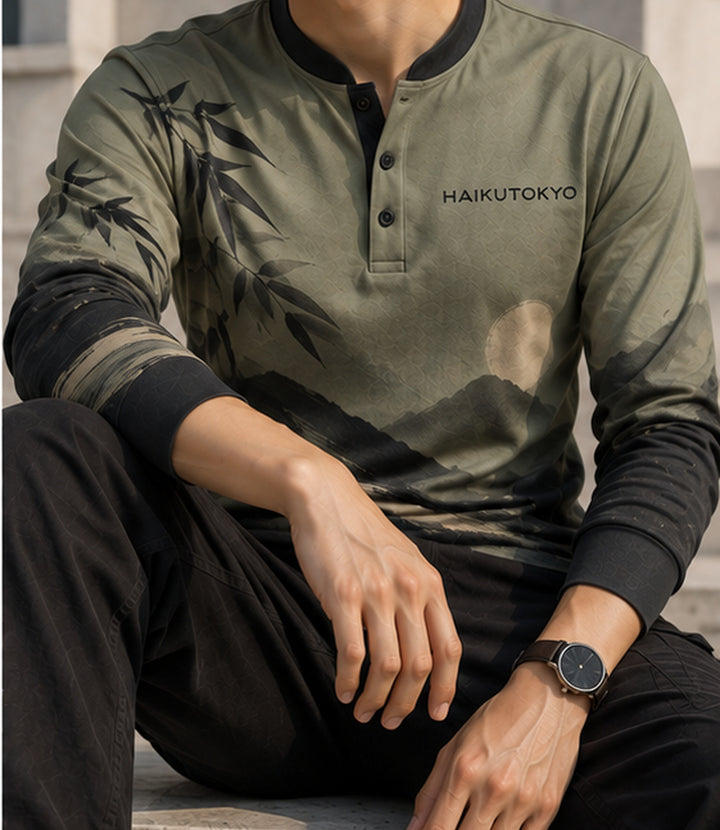 HAIKUTOKYO メンズ 長袖ヘンリーネックシャツ - オリーブグリーン