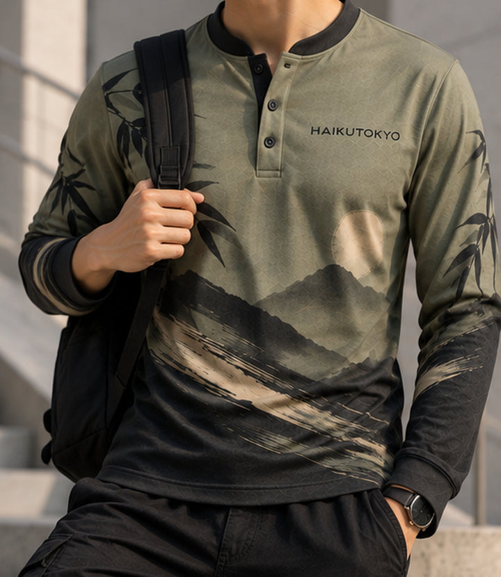 HAIKUTOKYO メンズ 長袖ヘンリーネックシャツ - オリーブグリーン