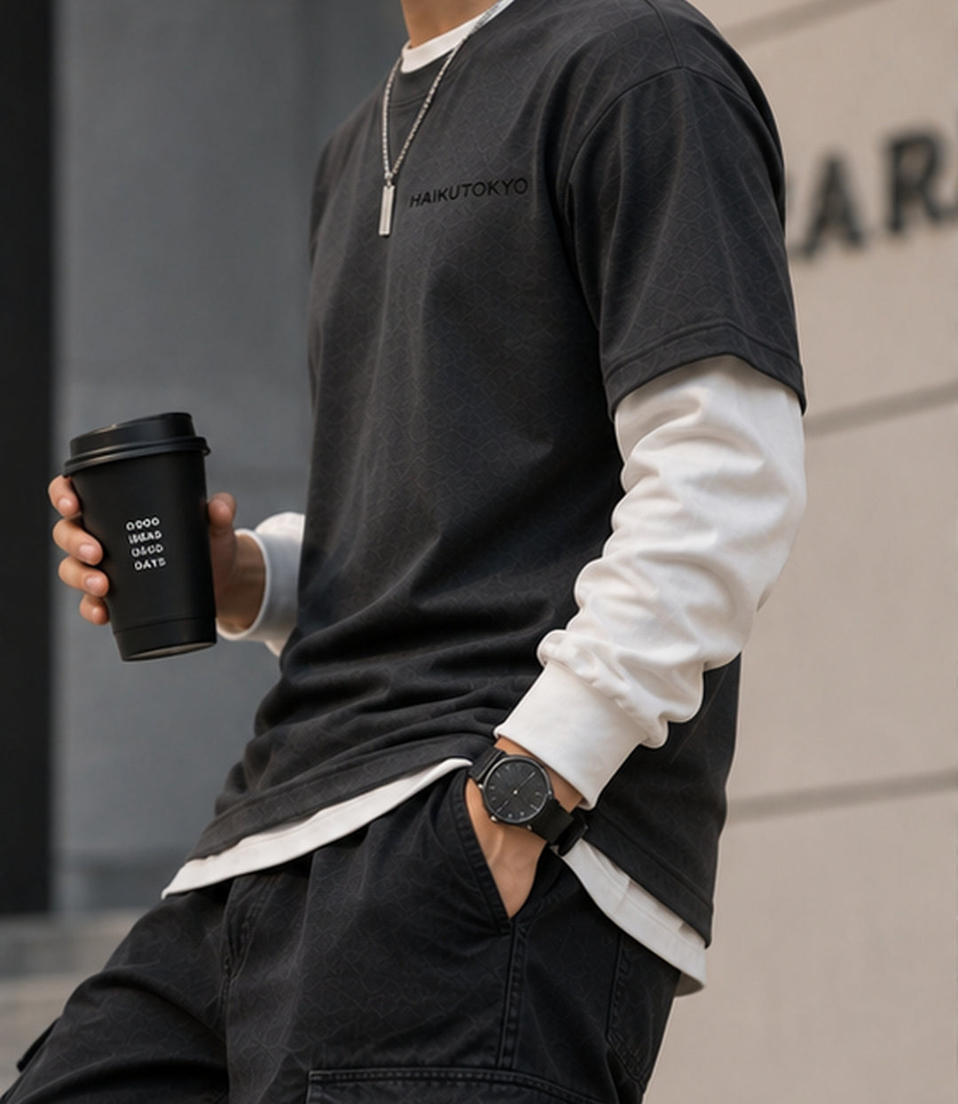 HAIKUTOKYO メンズ レイヤードTシャツ - チャコール