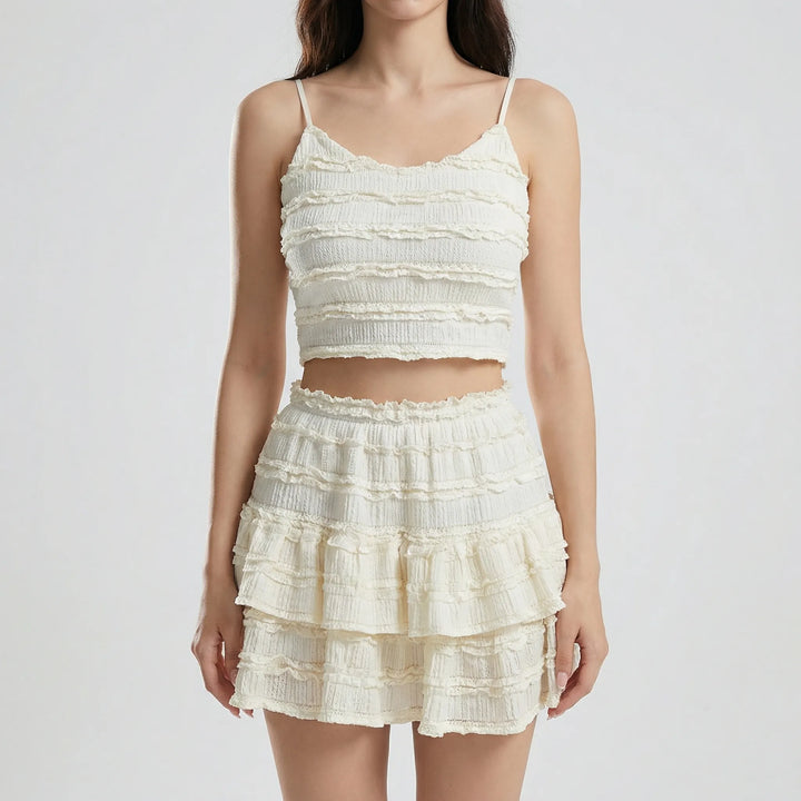Cascella - Ruffled Spaghetti Strap Crop Top Set