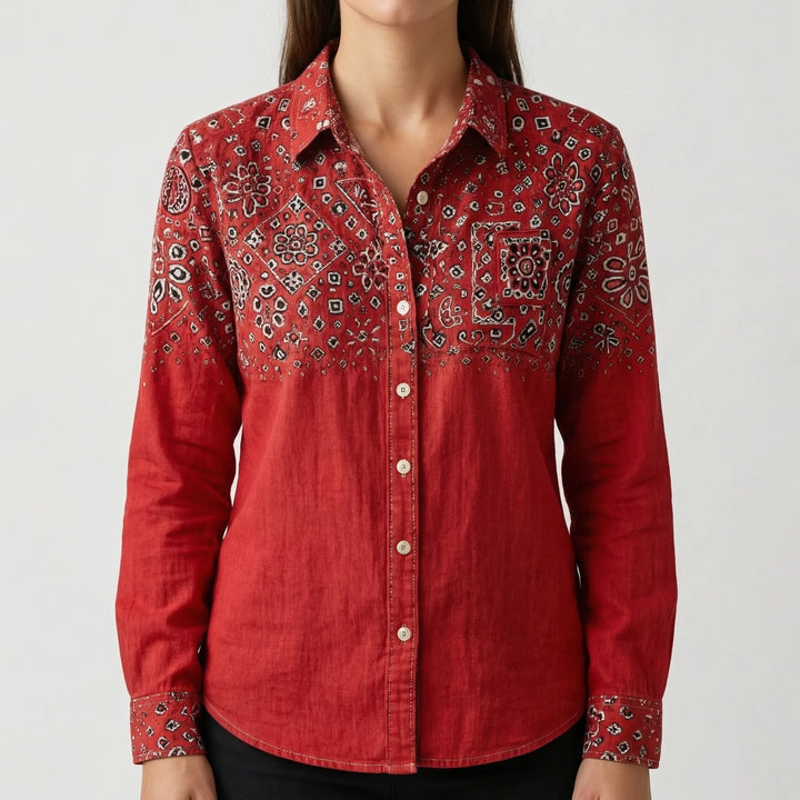 Clayvera - Boho-Print Long Sleeve Button-Down Shirt