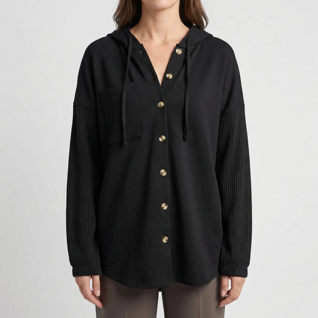 Cozlane - Oversized Hooded Button-Front Sweatshirt