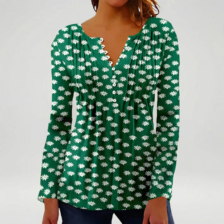 Floravia - Floral Print Women's Button-Neck Blouse