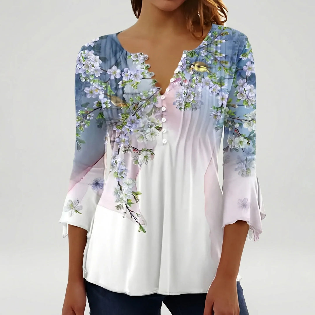 Floravia - Floral Print Women's Button-Neck Blouse