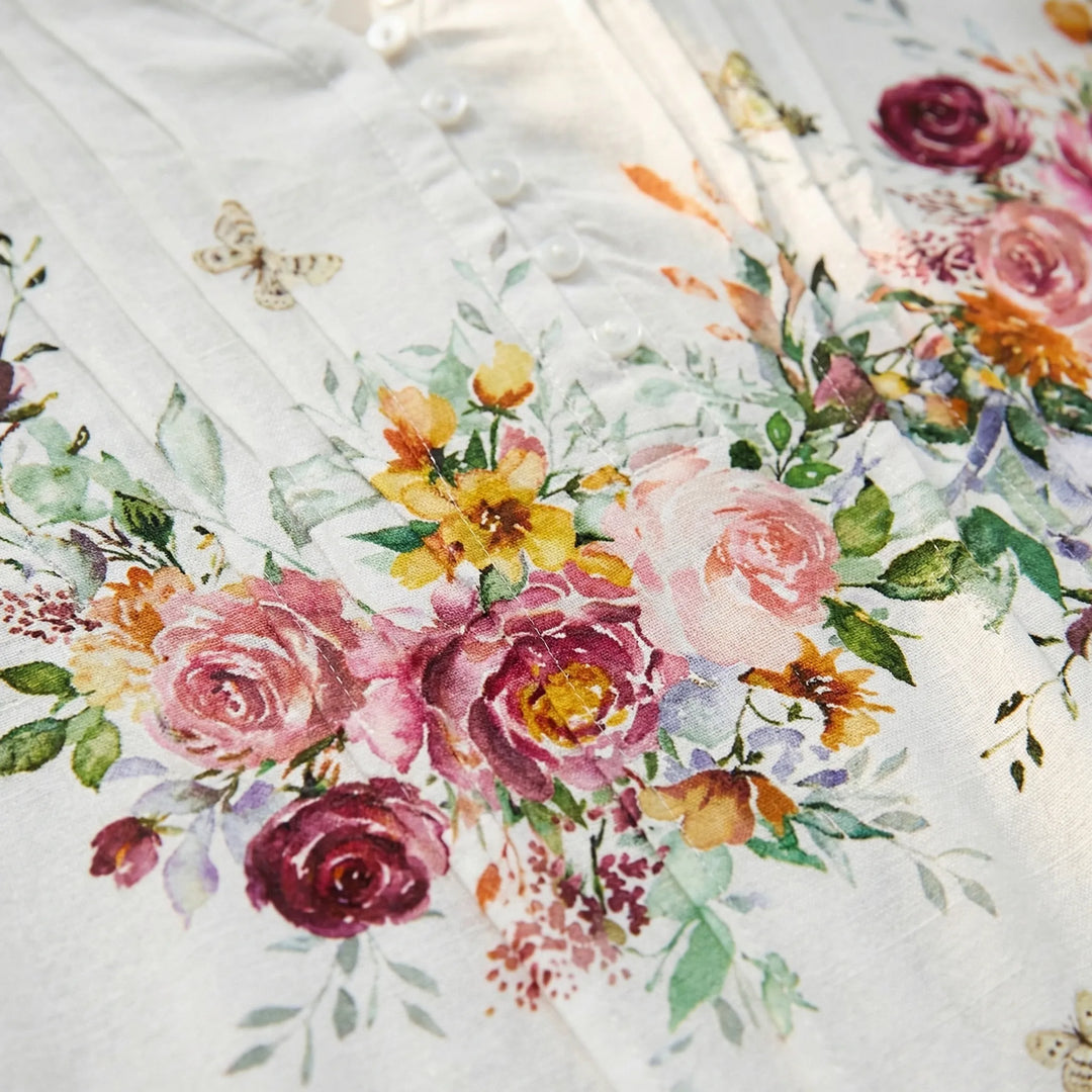 Floravia - Floral Print Women's Button-Neck Blouse