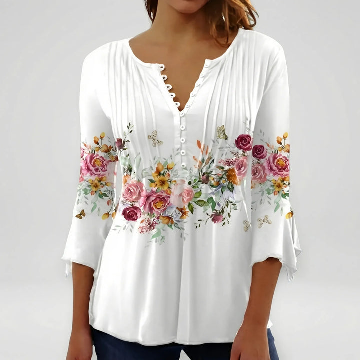 Floravia - Floral Print Women's Button-Neck Blouse