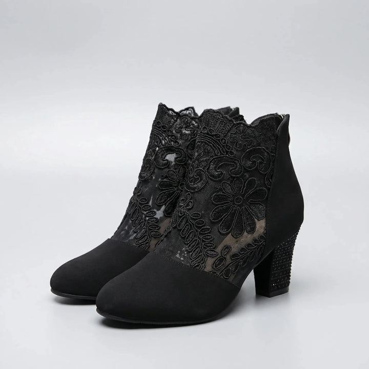 Florenta - Embroidered Lace Ankle Bootie With Block Heel