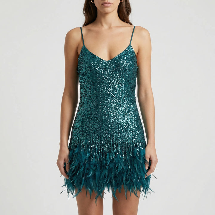 Frinvara - Sleeveless Feather Fringe Mini Dress