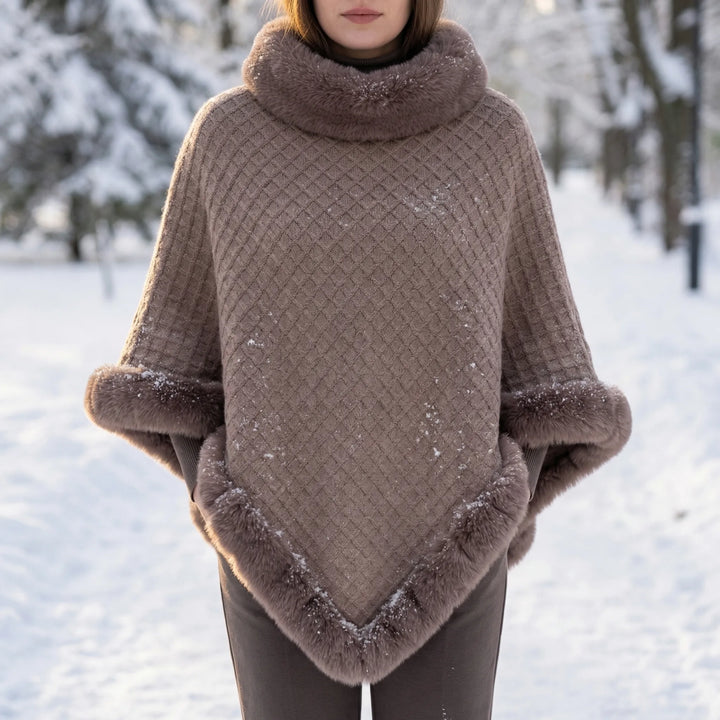 Furrova - Oversized Cable Knit Poncho With Faux Fur Trim