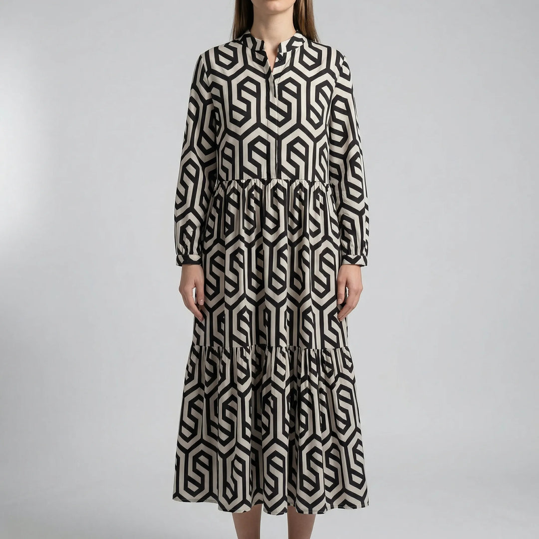 Geovella - Long-Sleeve Geometric Print Midi Dress