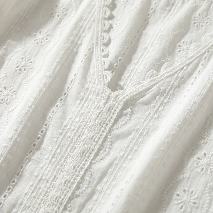 Lacevelle - Long Sleeve Lace Trim V-Neck Blouse