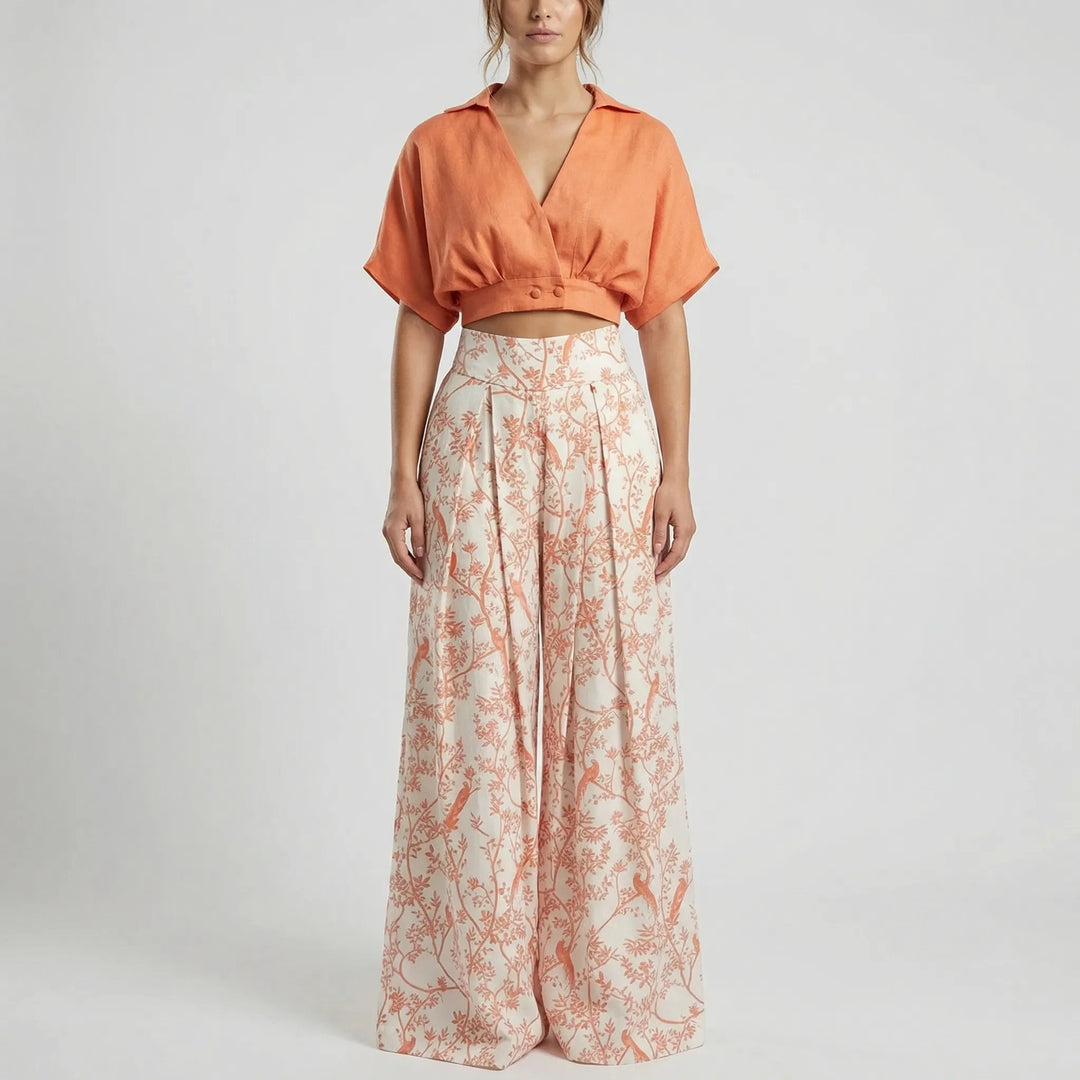Palazzova - Puff-Sleeve Crop Top And Palazzo Pants Set