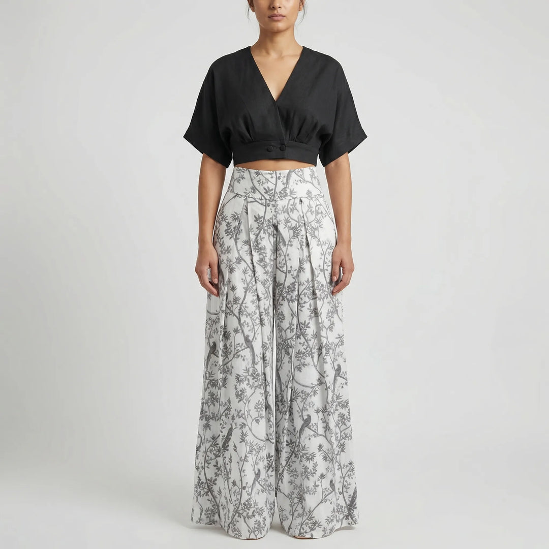 Palazzova - Puff-Sleeve Crop Top And Palazzo Pants Set