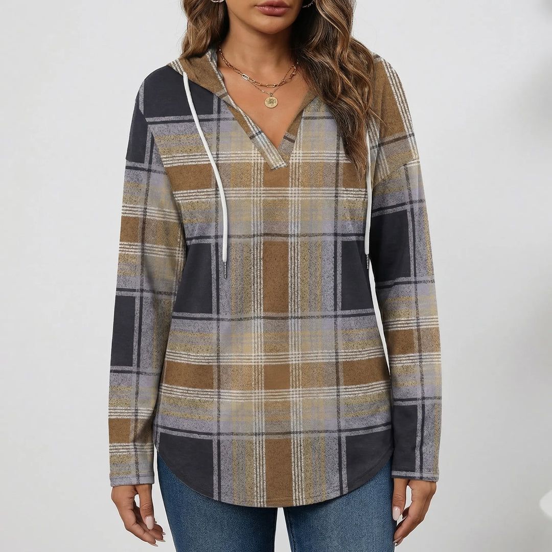 Plaidora - Long Sleeve Plaid Print Hoodie