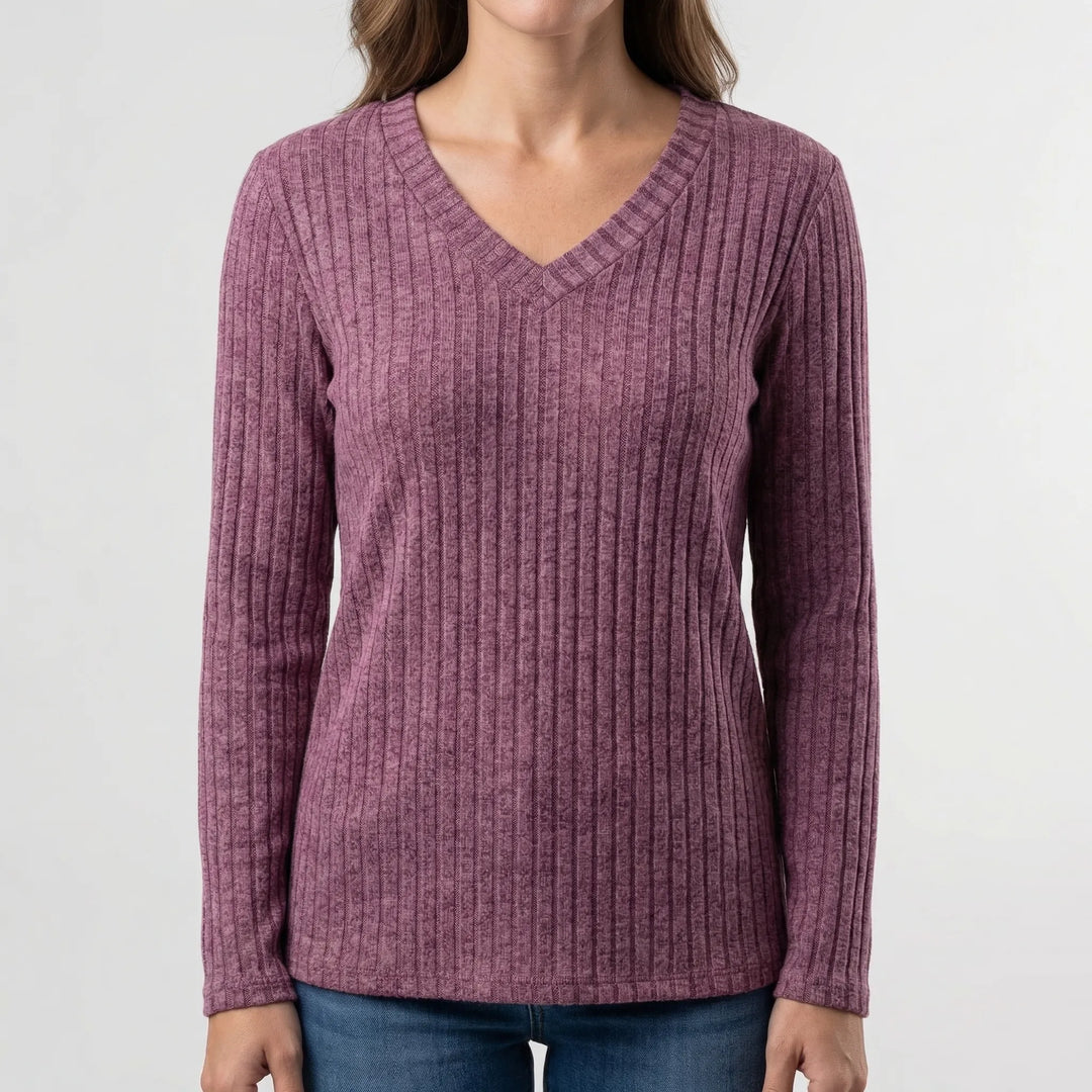 Ribvera - V-Neck Ribbed Long Sleeve Top