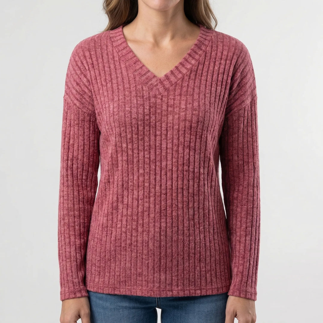 Ribvera - V-Neck Ribbed Long Sleeve Top
