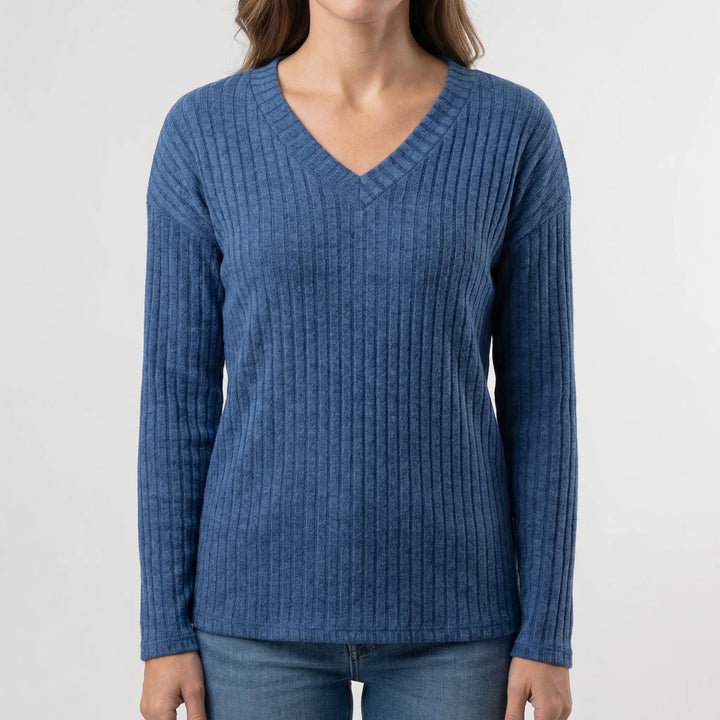 Ribvera - V-Neck Ribbed Long Sleeve Top