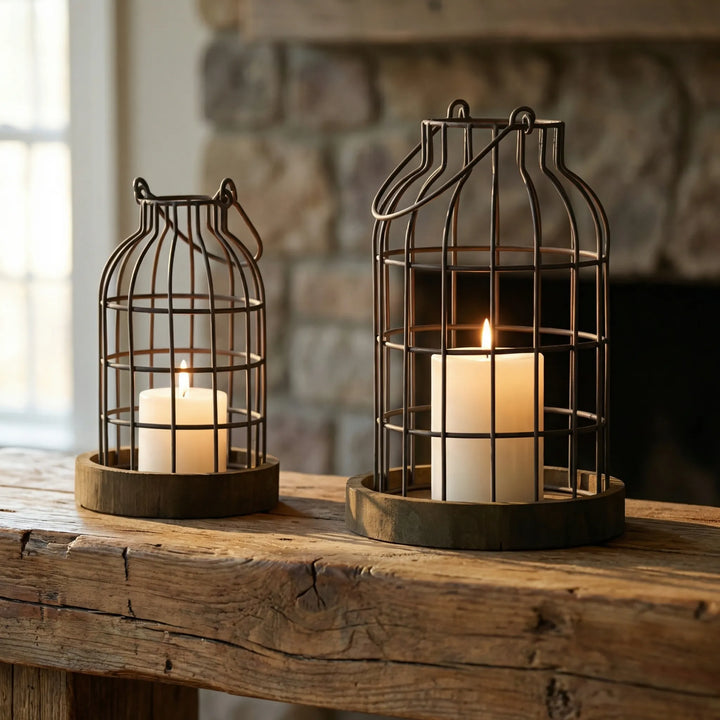 Rusticage - Rustic Wire Cage Candle Lantern Set
