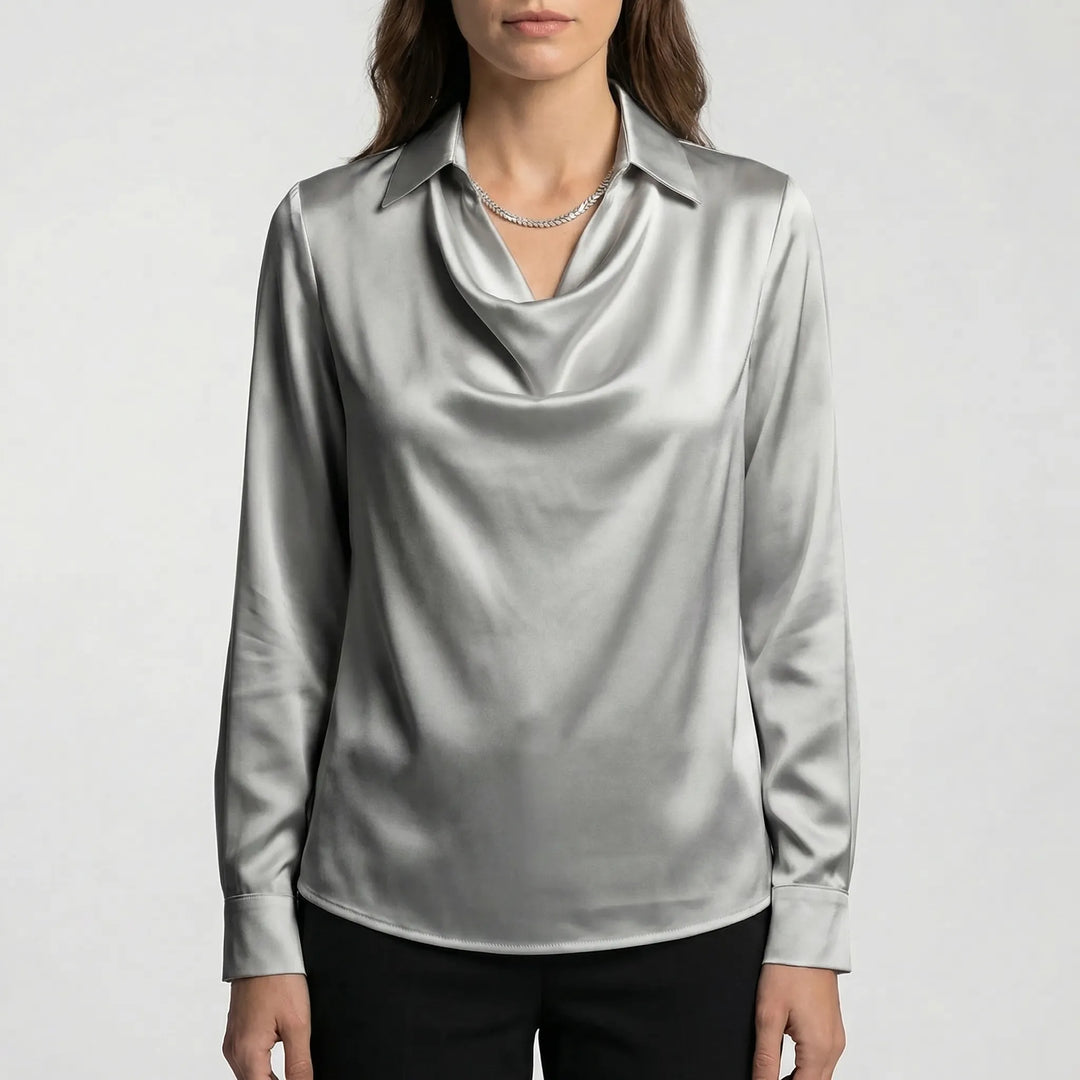 Satinova - Draped Cowl Collar Long Sleeve Blouse