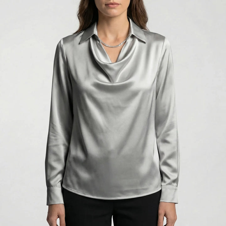 Satinova - Draped Cowl Collar Long Sleeve Blouse