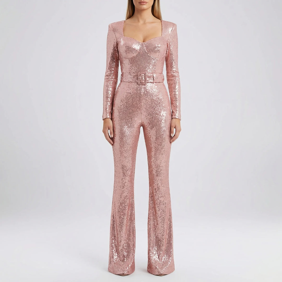 Sequinelle - Long Sleeve Sequin Flare Jumpsuit