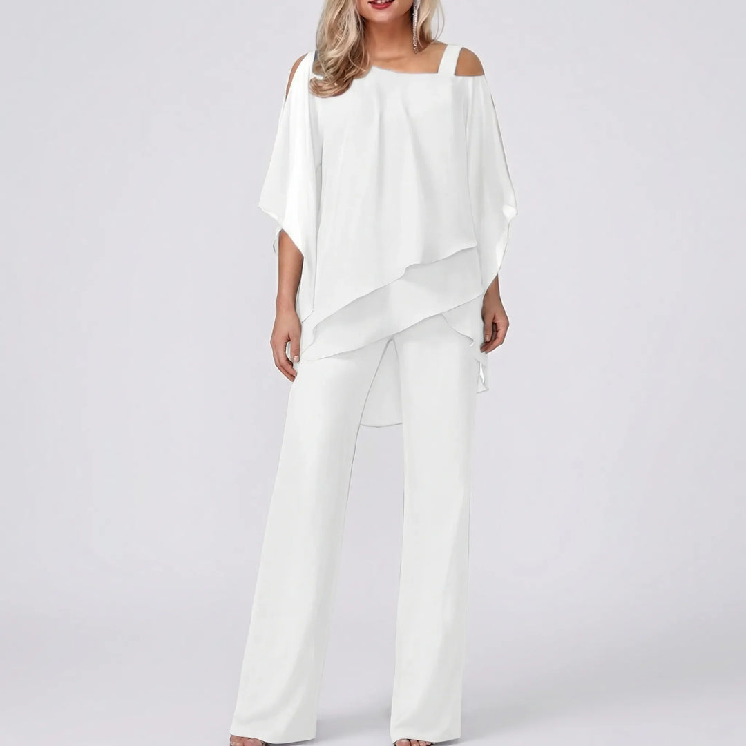 Silhouva - Cold-Shoulder Wide-Leg Formal Jumpsuit