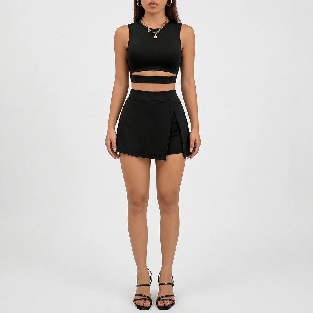 Skortiva - Hollow-Out Crop Vest And Split Skort Set