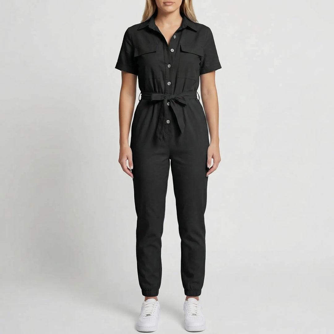 Slymara - Short Sleeve Button-Front Women's Jumpsuit