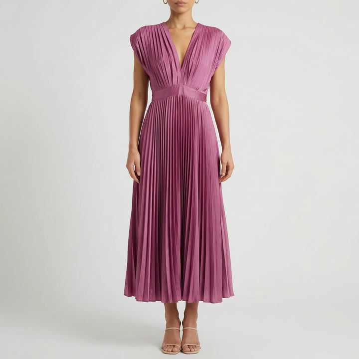 Sylvenne - Sleeveless V-Neck Pleated Midi Dress