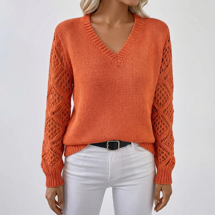 Vellura - V-Neck Openwork Sleeve Knit Sweater