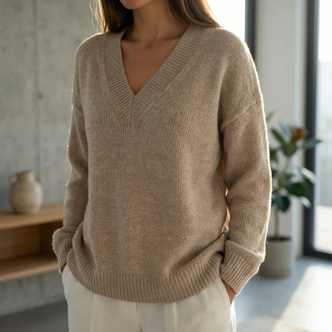 Velnara - Relaxed Fit V-Neck Knit Sweater