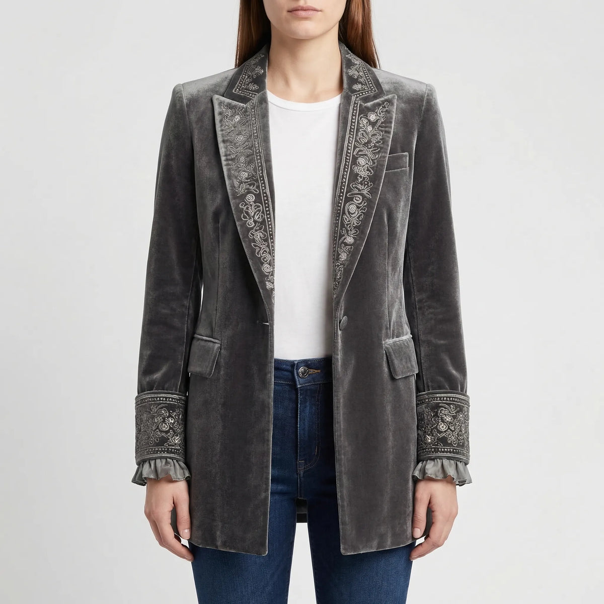 Velourna - Longline Embroidered Blazer Jacket
