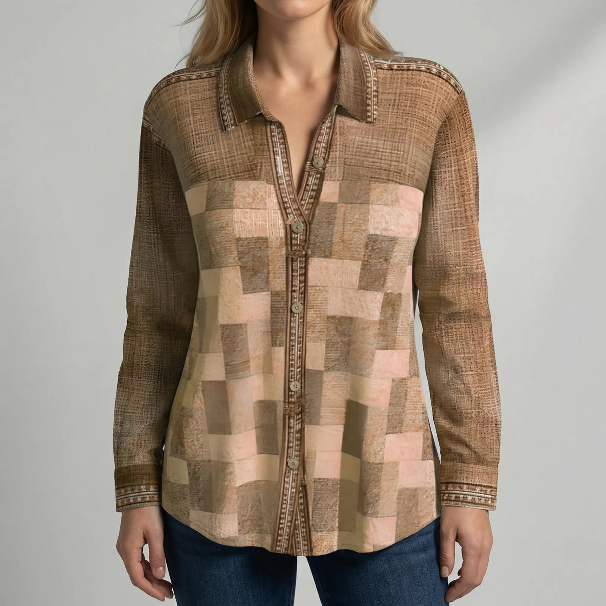 Venlura - Button-Front Long Sleeve Blouse