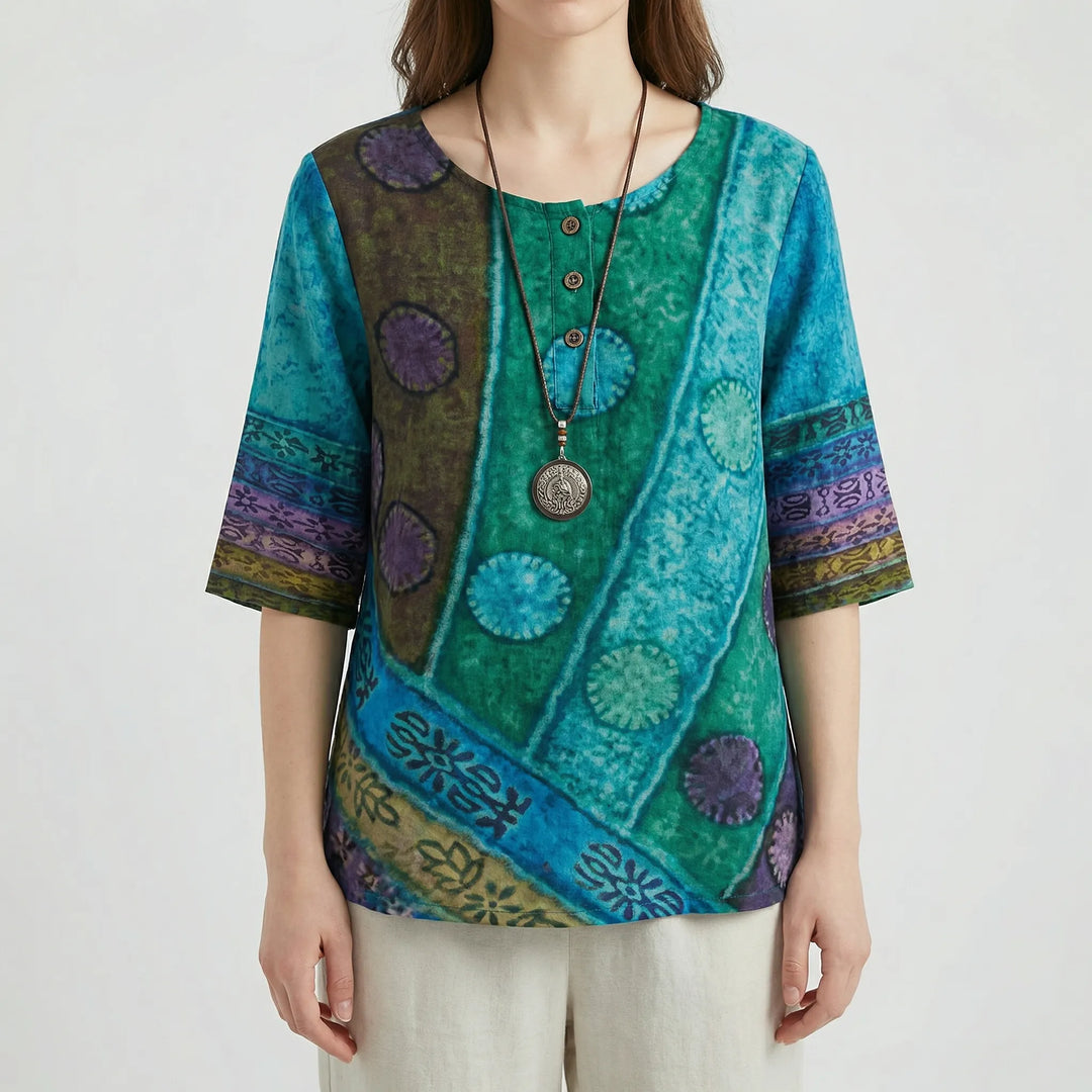 Vernova - Vintage Print Loose Three-Quarter Sleeve Top