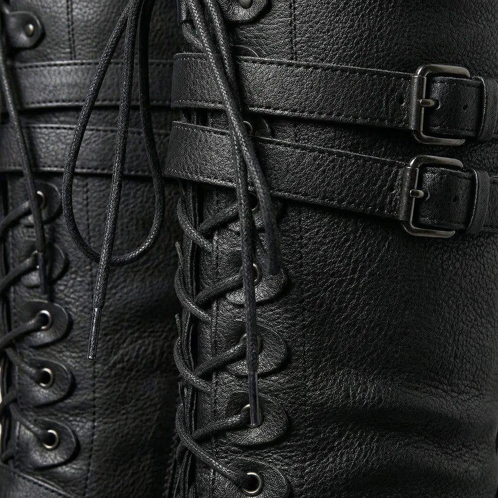 Vintrace - Tall Lace-Up Buckle Combat Boot