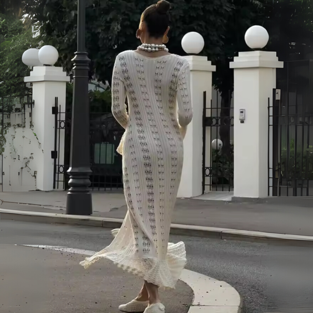 女性用ニットホローフレアスリーブロングカーディガン