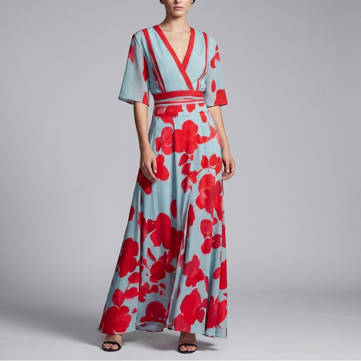 女性のロングフローラルVネックドレス