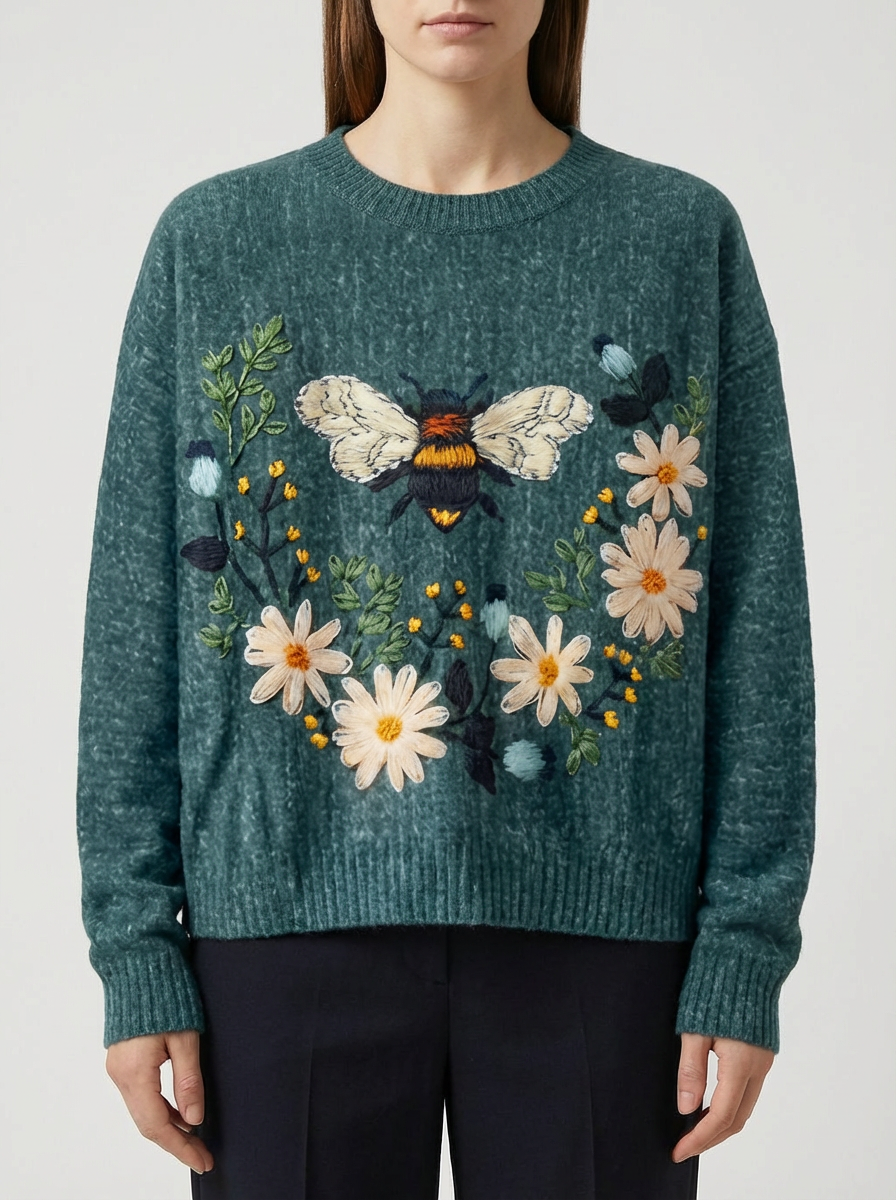 ルーズフィット 3D フローラル刺繍セーター