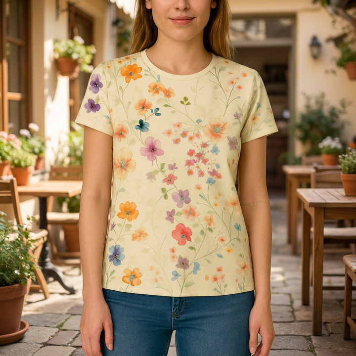 女性用フローラルプリントTシャツ