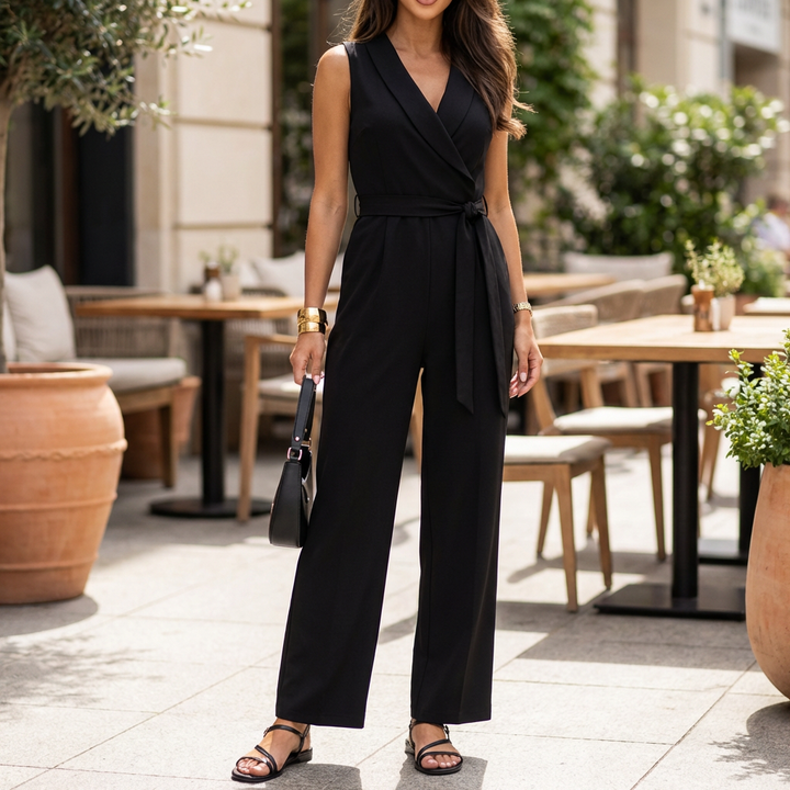 女性用のノースリーブで洗練されたフィットのジャンプスーツ