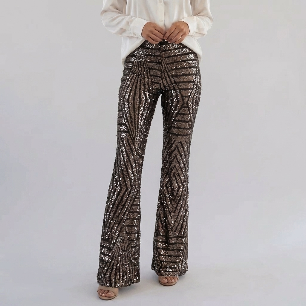 女性のスパンコールハイウエストフレアパンツ