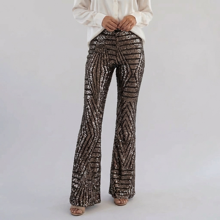 女性のスパンコールハイウエストフレアパンツ