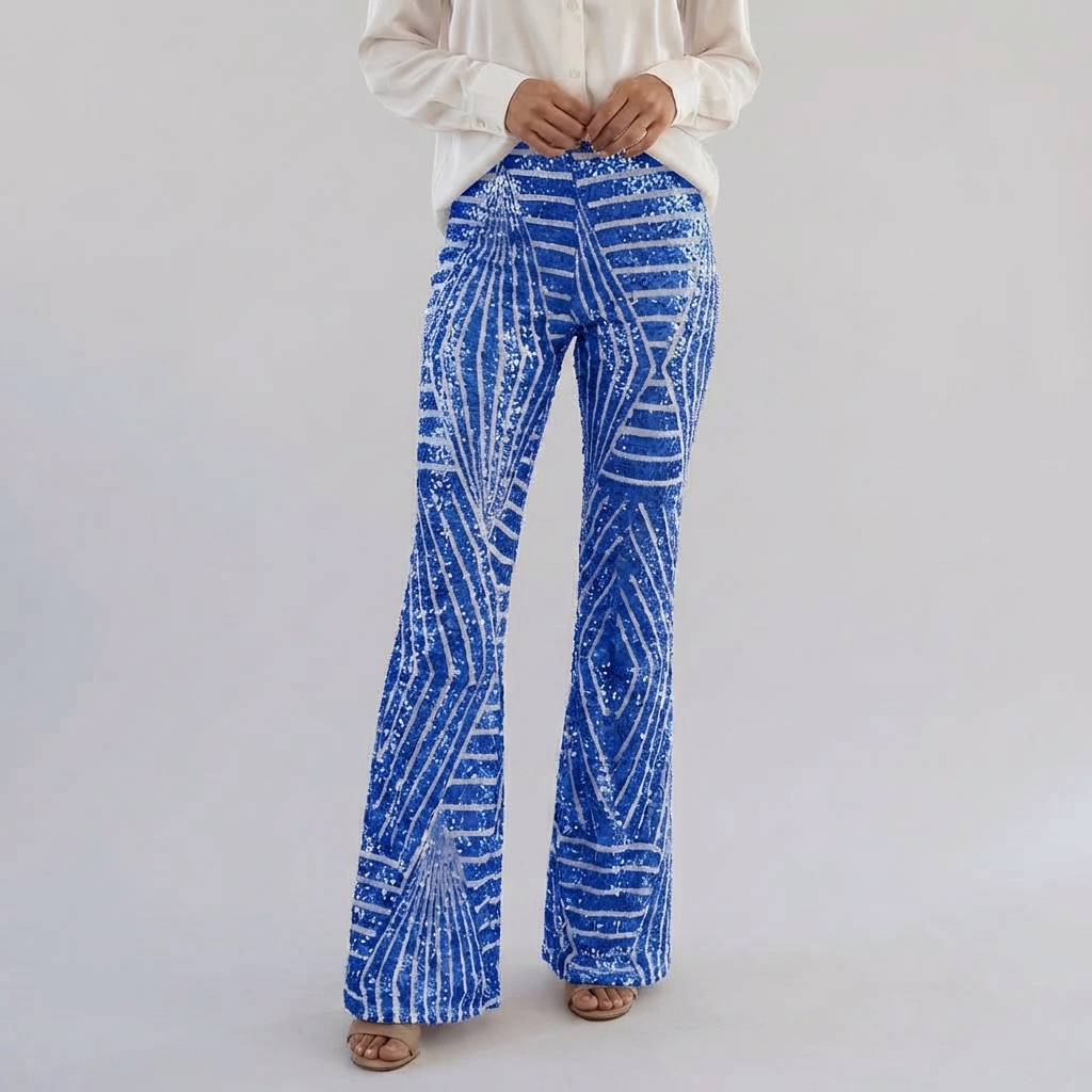 女性のスパンコールハイウエストフレアパンツ