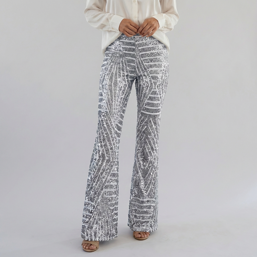 女性のスパンコールハイウエストフレアパンツ
