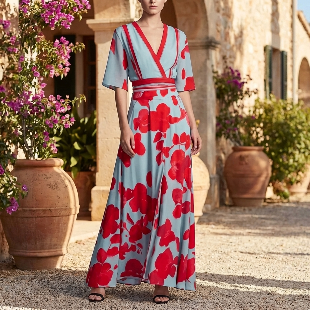 女性のロングフローラルVネックドレス