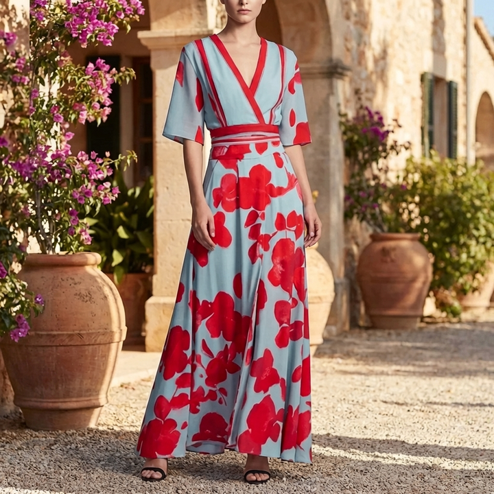 女性のロングフローラルVネックドレス