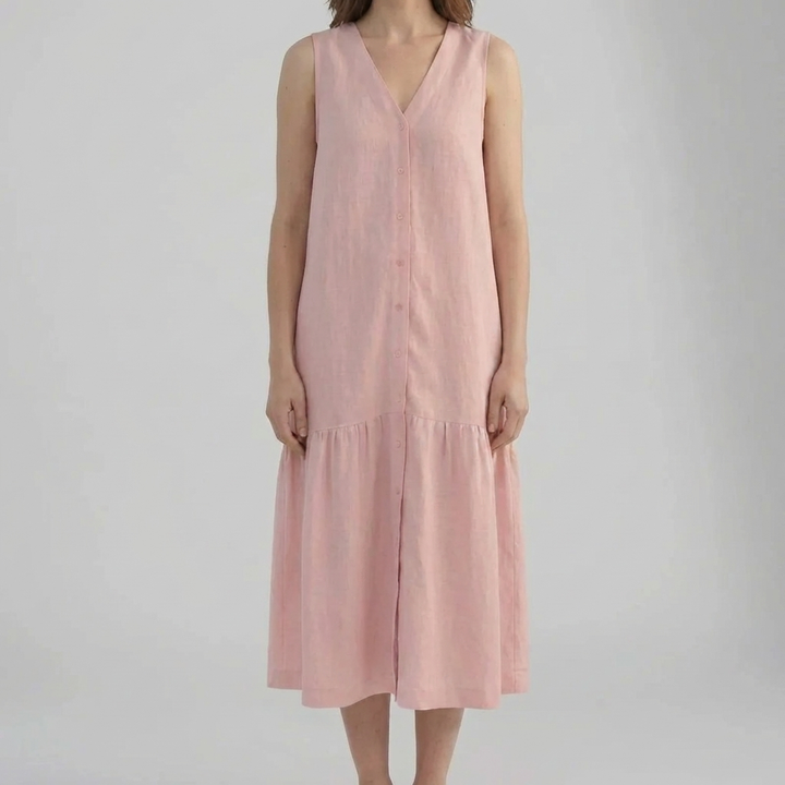 女性用のノースリーブVネックミディドレス