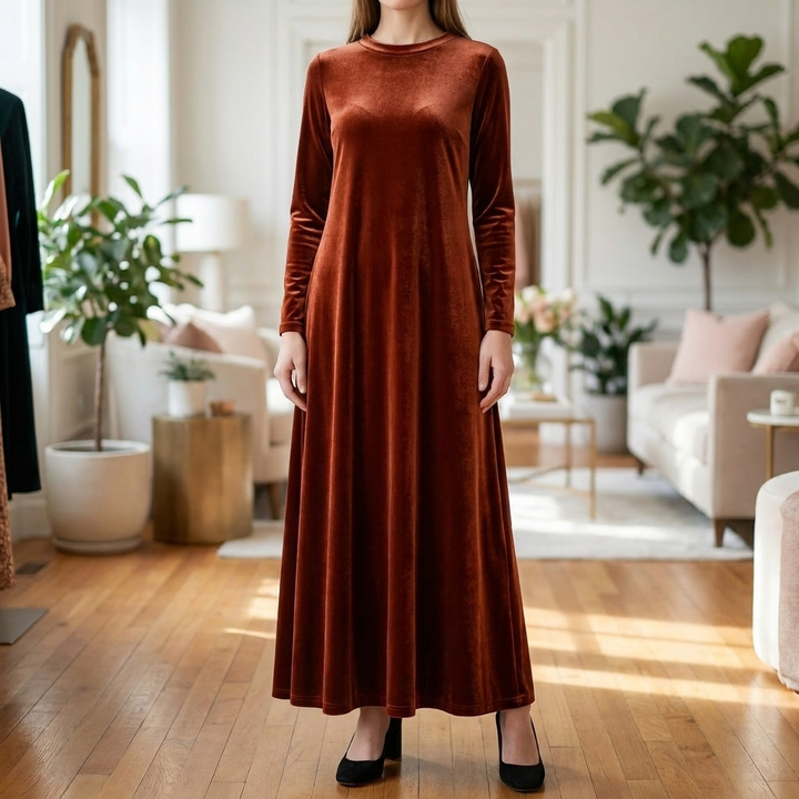 女性用長袖ベルベット効果マキシドレス